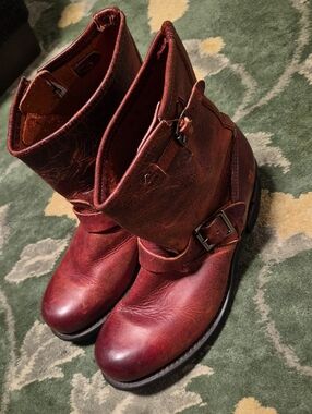 Red Leather Engineer Boots with Buckle